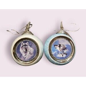 2 BLUE BROTHERHOOD 1997 Bradford Exchange Wolf Ornaments SPIRIT OF WILDERNESS